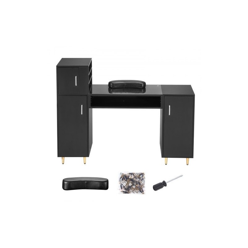 Manikyyri ja meikkipöytä asetonia kestävä lasitaso kolme kaappia kahdeksan metallijalkaa rannetuki musta