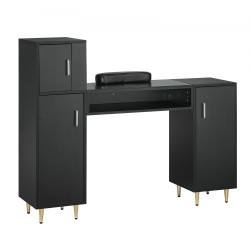 Manikyyri ja meikkipöytä asetonia kestävä lasitaso kolme kaappia kahdeksan metallijalkaa rannetuki musta