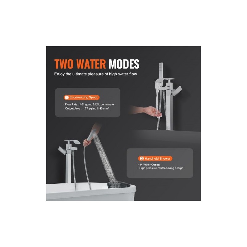 Lattialle asennettava messinkinen kylpyammehana käsisuihkulla ja kaksi vesitilaa 360 asteen juoksuputki