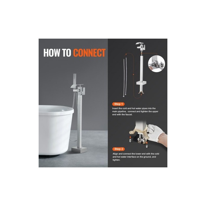 Lattialle asennettava messinkinen kylpyammehana käsisuihkulla ja kaksi vesitilaa 360 asteen juoksuputki