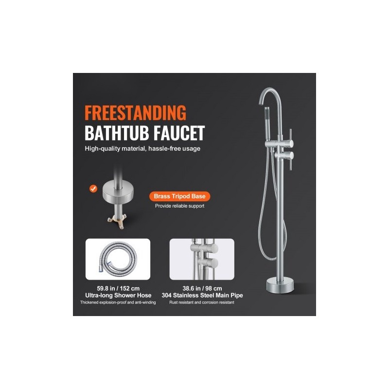 Lattiaan asennettava kylpyammehana täysmessinki harjattu pinta kääntyvä juoksuputki kaksitilainen käsisuihku