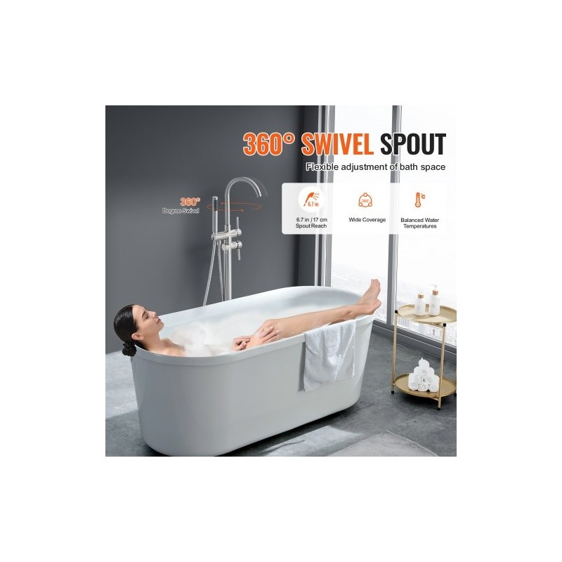 Lattiaan asennettava kylpyammehana täysmessinki harjattu pinta kääntyvä juoksuputki kaksitilainen käsisuihku