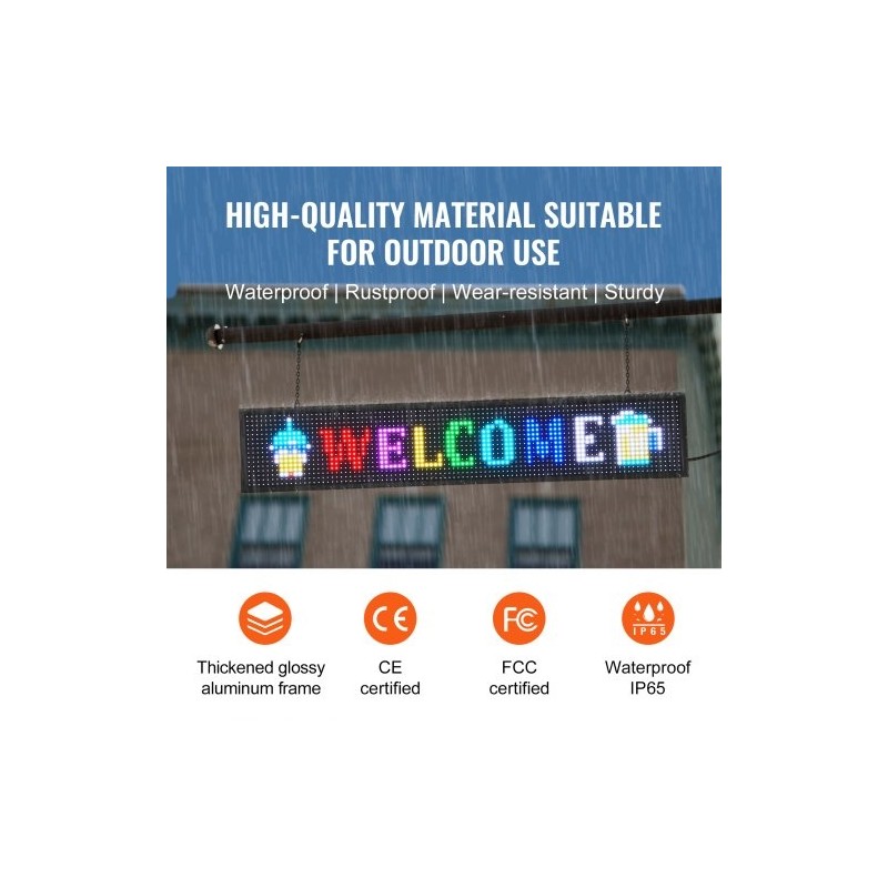 Ohjelmoitava täysvärinen P10 LED-mainostaulu 99 x 19 cm alumiinikehyksellä langaton USB ohjaus