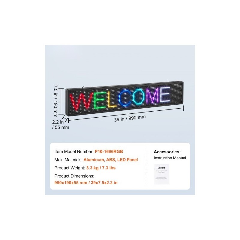 Ohjelmoitava täysvärinen P10 LED-mainostaulu 99 x 19 cm alumiinikehyksellä langaton USB ohjaus