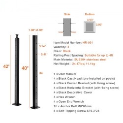 Kaidepylväät ruostumatonta terästä neljäkymmentäkaksi tuumaa neljä kappaletta musta parvekkeelle