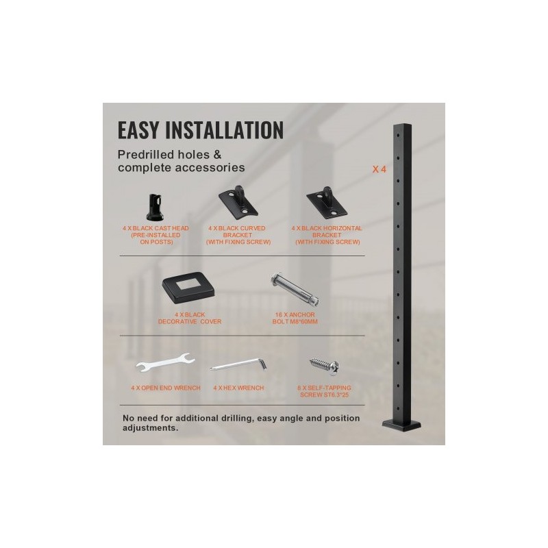 Kaapelikaidepilari ruostumaton teräs 42 tuumaa 4 kpl musta 13 vaakasuoraa porattua reikää