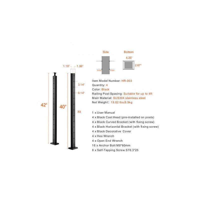 Kaapelikaidepilari ruostumaton teräs 42 tuumaa 4 kpl musta 13 vaakasuoraa porattua reikää