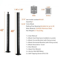 Kaapeli-kaidepylväs kulmamalli ruostumaton teräs SUS304 musta 42-tuuma 2x2 12 esiporattua reikää