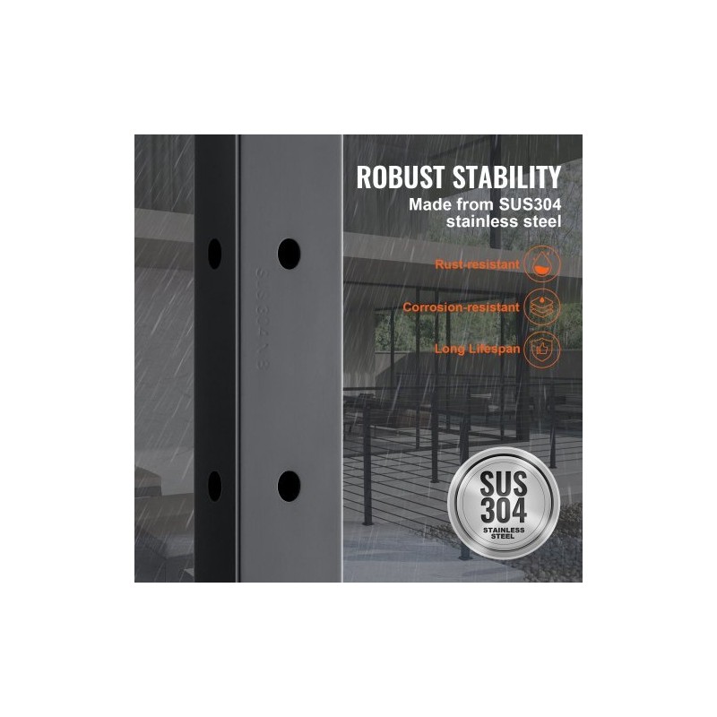 Kaapelikäsijohteen kulmatolppa ruostumaton teräs 36 tuumaa 2x2 10 reikää musta