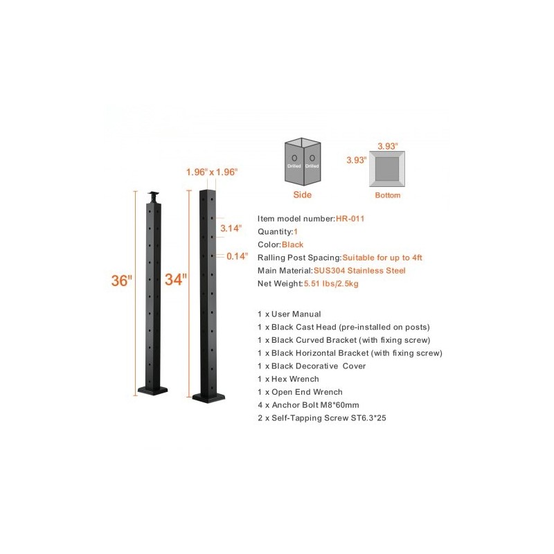 Kaapelikäsijohteen kulmatolppa ruostumaton teräs 36 tuumaa 2x2 10 reikää musta