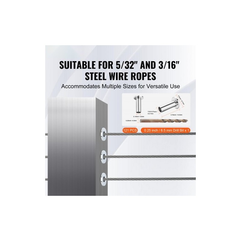 Suojaholkit T316-ruostumatonta terästä 121 kpl 4 mm ja 4,8 mm vaijerille vaakakaiteisiin