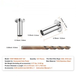 Suojaholkit T316-ruostumatonta terästä 121 kpl 4 mm ja 4,8 mm vaijerille vaakakaiteisiin