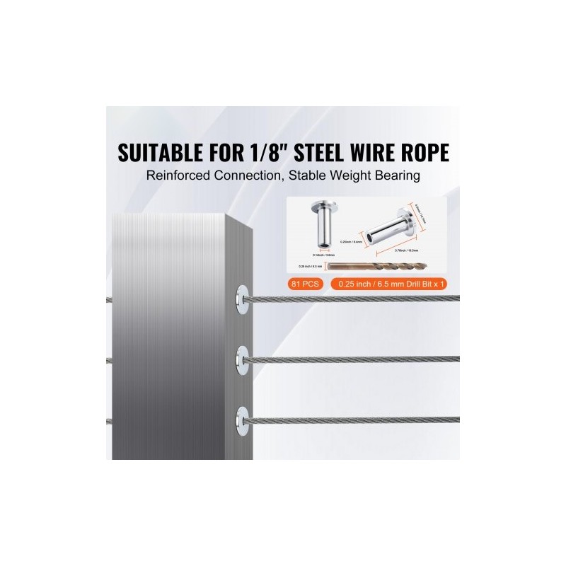 Suojaholkit T316 ruostumatonta terästä 3,2 mm vaijerille 81 kappaletta vaakareikiin poranterä mukana