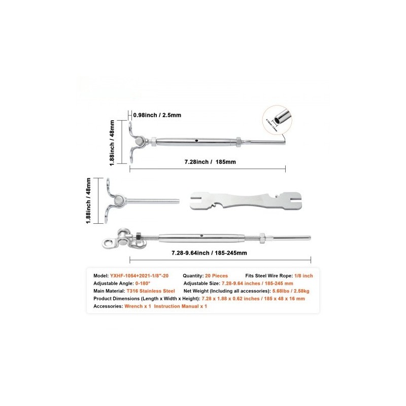 Kaidevaijerisarja T316 ruostumaton teräs 3,2 mm vaijerille puutolppiin 20 kpl