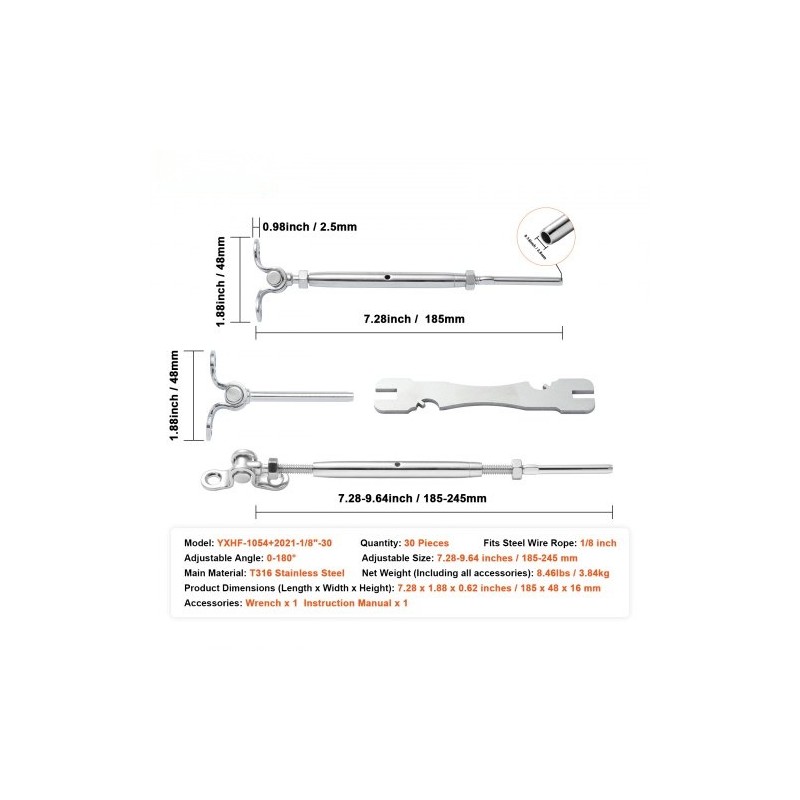Kaidepakkaus 30 kappaletta T316-ruostumattomasta teräksestä 3,2 mm kaapelille 0–180 asteen säädettävä