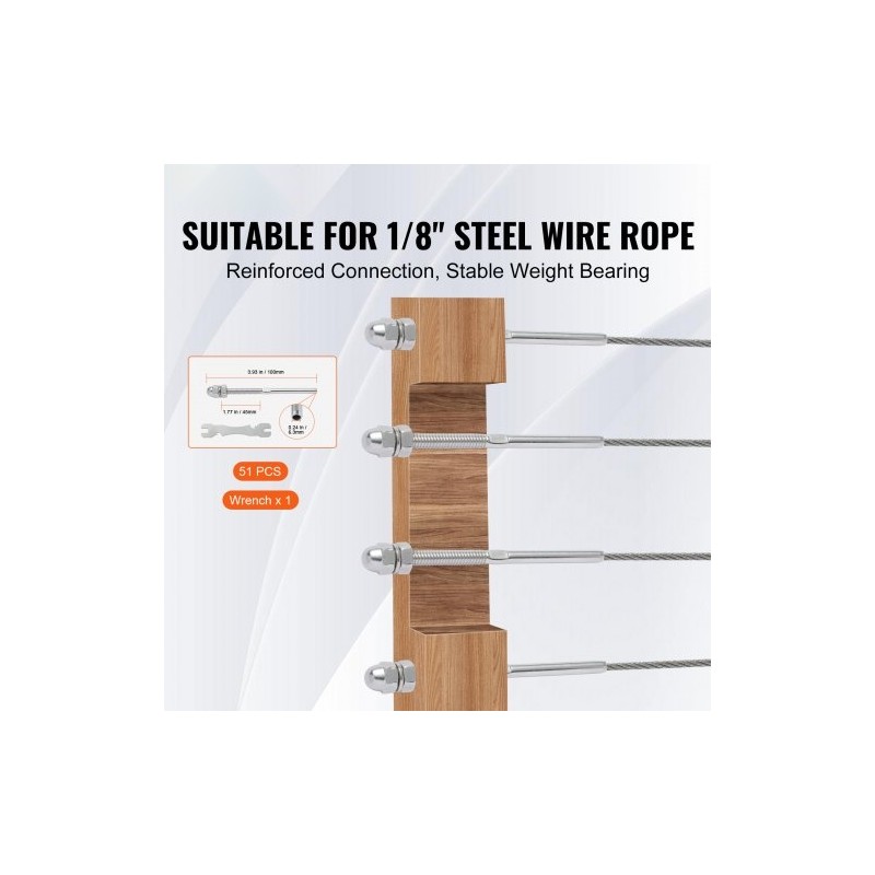 Kaiteen kiristyspäätteet 51 kpl T316 ruostumatonta terästä 3,2 mm puu ja metallipylväisiin