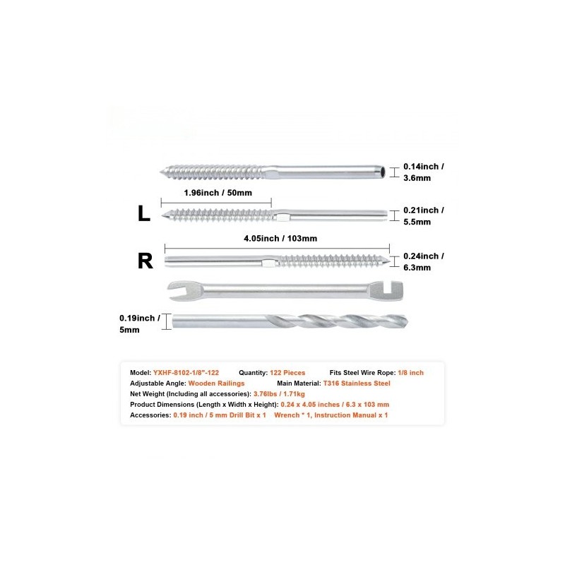 Kaapelin kaideasennussarja 122 osaa T316 ruostumaton teräs 3,2 mm puupylväisiin
