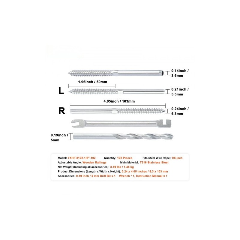 Kaapelikaide tarvikepakkaus T316 ruostumatonta terästä 3,2 mm 102 kpl puupylväisiin