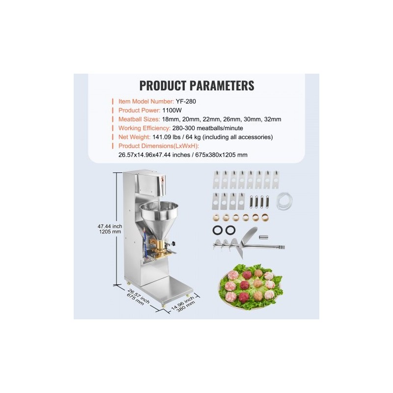Sähköinen lihapullakone ruostumatonta terästä 1100W kuparimuotit 18–32 mm