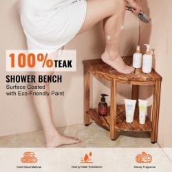 Tiikkinen kulmasuihkupenkki säilytyshylly korkeus 47 cm kantavuus 226 kg sisä ja ulkokäyttöön