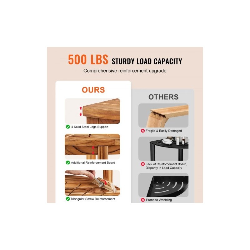 Tiikkinen kulmasuihkupenkki säilytyshylly korkeus 47 cm kantavuus 226 kg sisä ja ulkokäyttöön