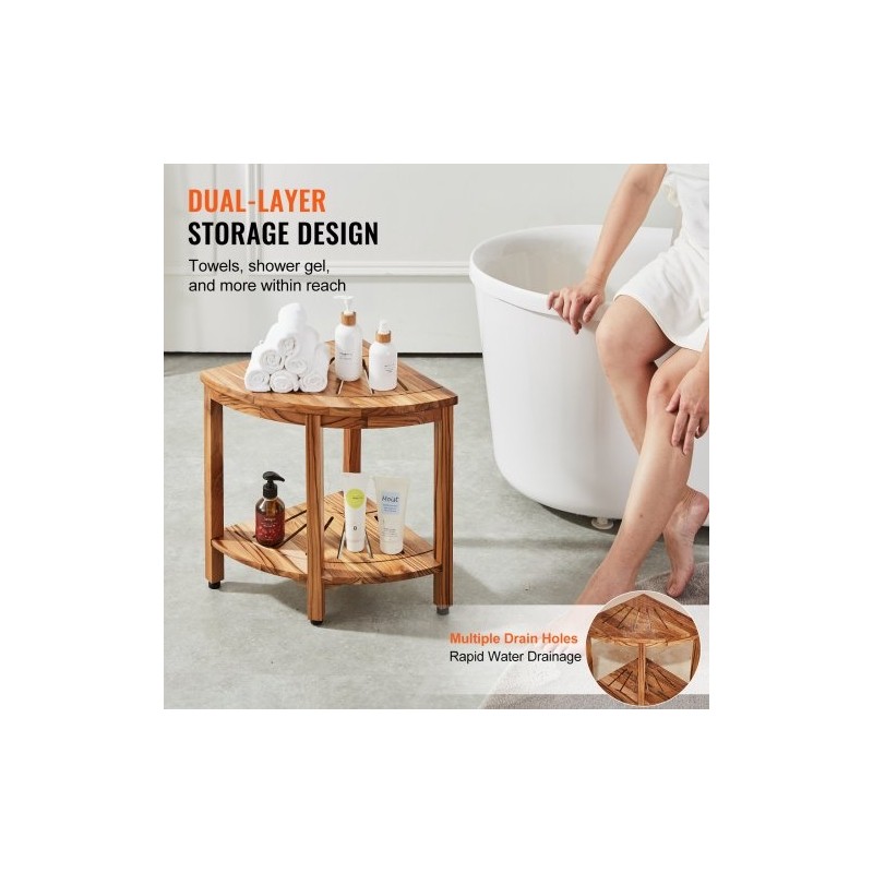 Tiikkinen kulmasuihkupenkki säilytyshylly korkeus 47 cm kantavuus 226 kg sisä ja ulkokäyttöön