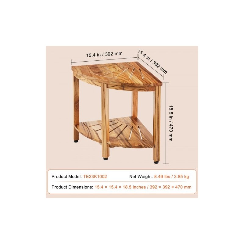 Tiikkinen kulmasuihkupenkki säilytyshylly korkeus 47 cm kantavuus 226 kg sisä ja ulkokäyttöön