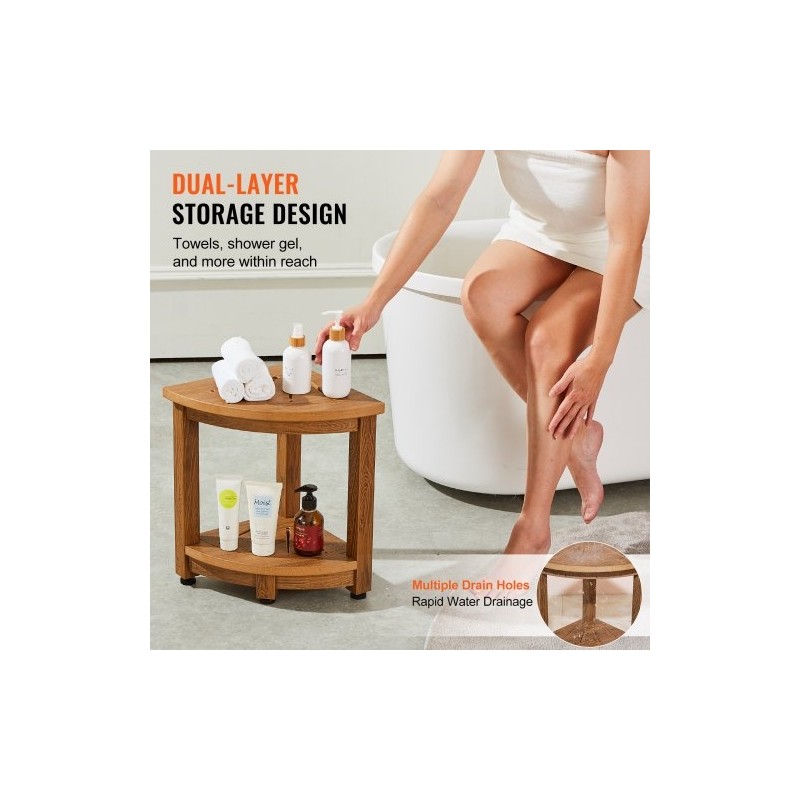 Kulmamallinen suihkupenkki puukuviollista polystyreeniä 430 mm korkea ja vesitiivis säilytyshyllyllä