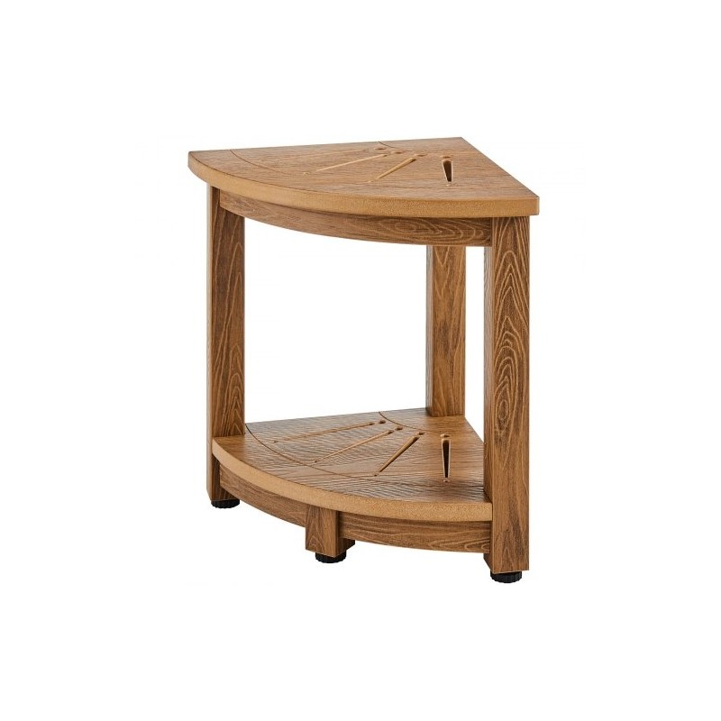 Kulmamallinen suihkupenkki puukuviollista polystyreeniä 430 mm korkea ja vesitiivis säilytyshyllyllä