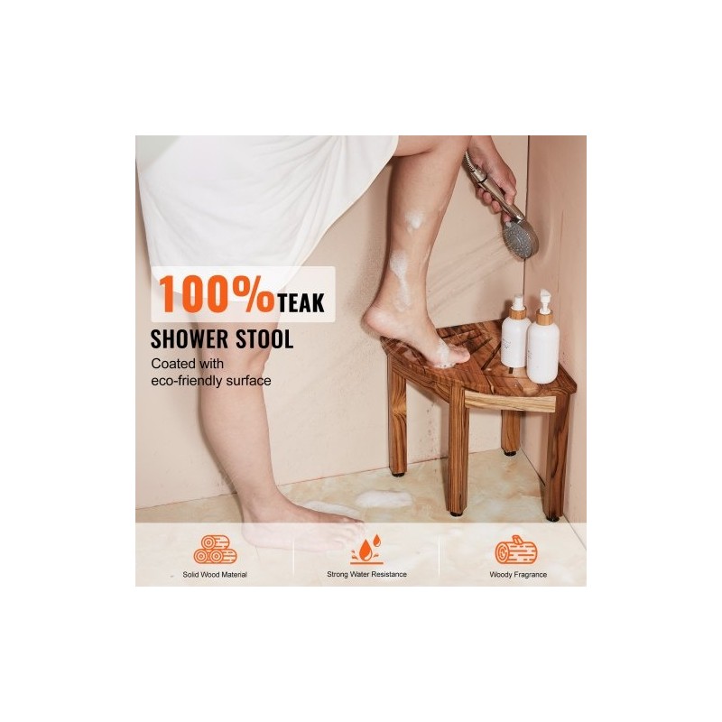 Teak-puinen kulmasuihkupenkki 316 mm korkea 136 kg kantavuus alahylly sisä- ja ulkokäyttöön