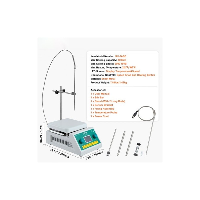 Magneettinen sekoituslevy 2000 millilitraa 0–2000 kierrosta minuutissa 500 watin lämmitys 100 asteeseen