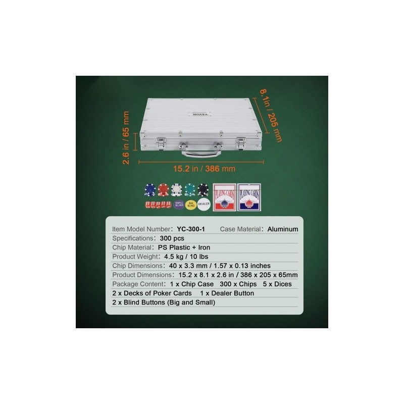 Pokerisetti 300 kappaletta 11,5 gramman kasinotyyliset pelimerkit alumiinisalkulla pelikortit napit nopat