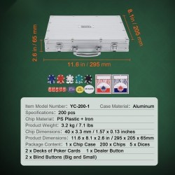 Pokerisetti 200 kappaleen 11,5 gramman polystyreeni ja rauta pelimerkit alumiinisalkussa