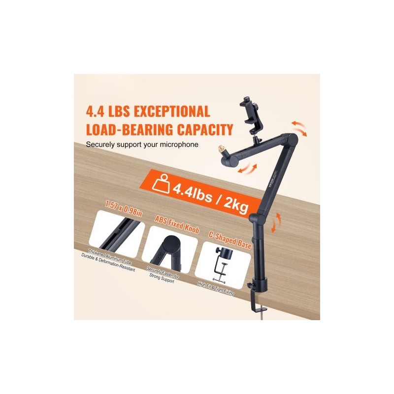 Pöytään kiinnitettävä alumiiniseosinen mikrofonivarsi 360 asteen kääntyvä säädettävä korkeus C-puristin kuulokepidike