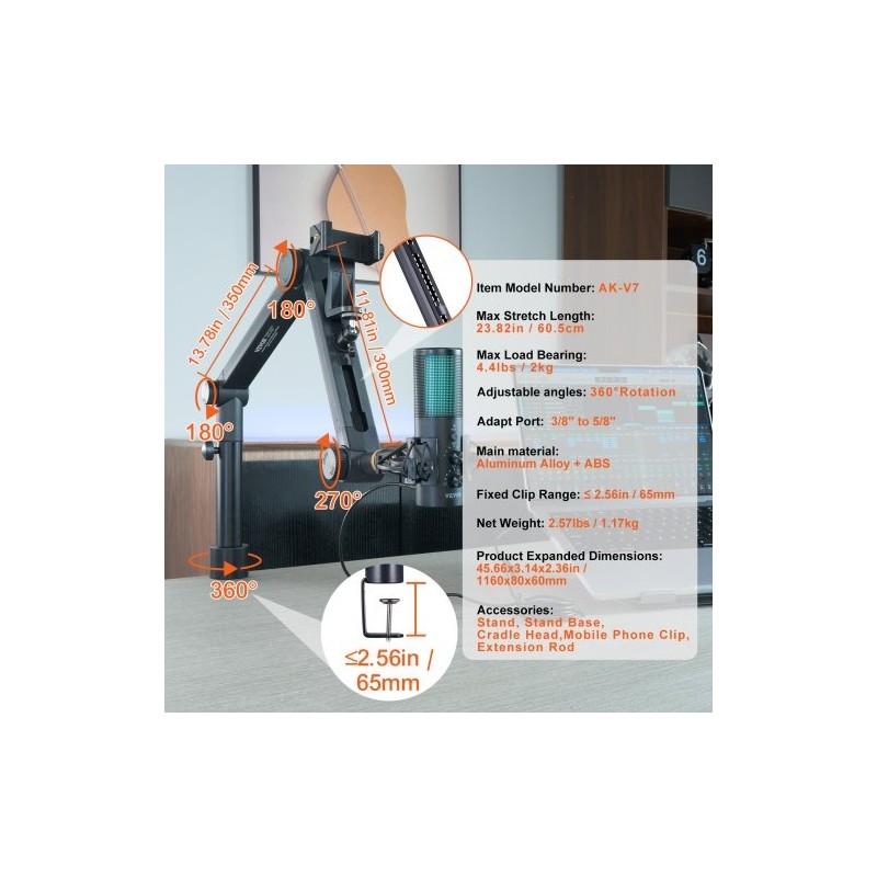 Pöytään kiinnitettävä alumiiniseosinen mikrofonivarsi 360 asteen kääntyvä säädettävä korkeus C-puristin kuulokepidike