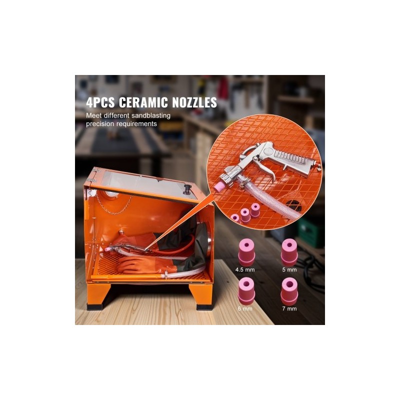 Pöytämallinen hiekkapuhalluskaappi 94,6 L kylmävalssattu teräsrunko alumiinipistooli 4 keraamista suutinta