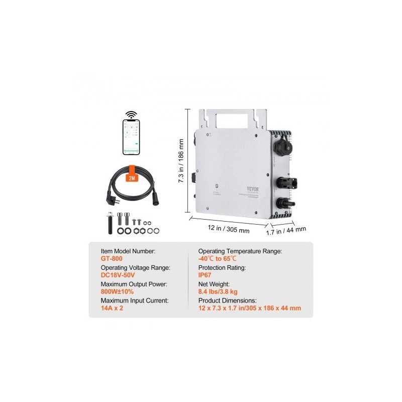 Aurinkomikroinvertteri alumiiniseoskotelo 800W IP67 MPPT WiFi-antenni sovellustuki kahdelle paneeliryhmälle
