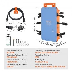 Aurinkomikroinvertteri 1200 W IP67 alumiiniseoskotelo DC18–50V kahdelle paneeliryhmälle