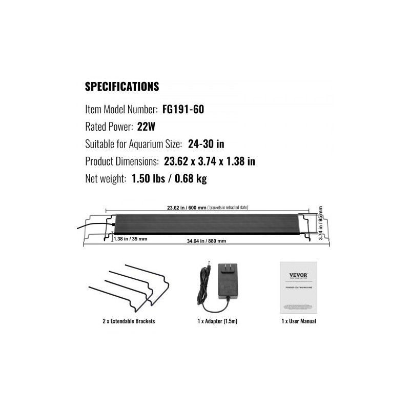 Akvaariovalo 22W täysspektrinen alumiinirunko LCD-näytöllä säädettävillä kannattimilla 24–30 tuuman akvaarioon