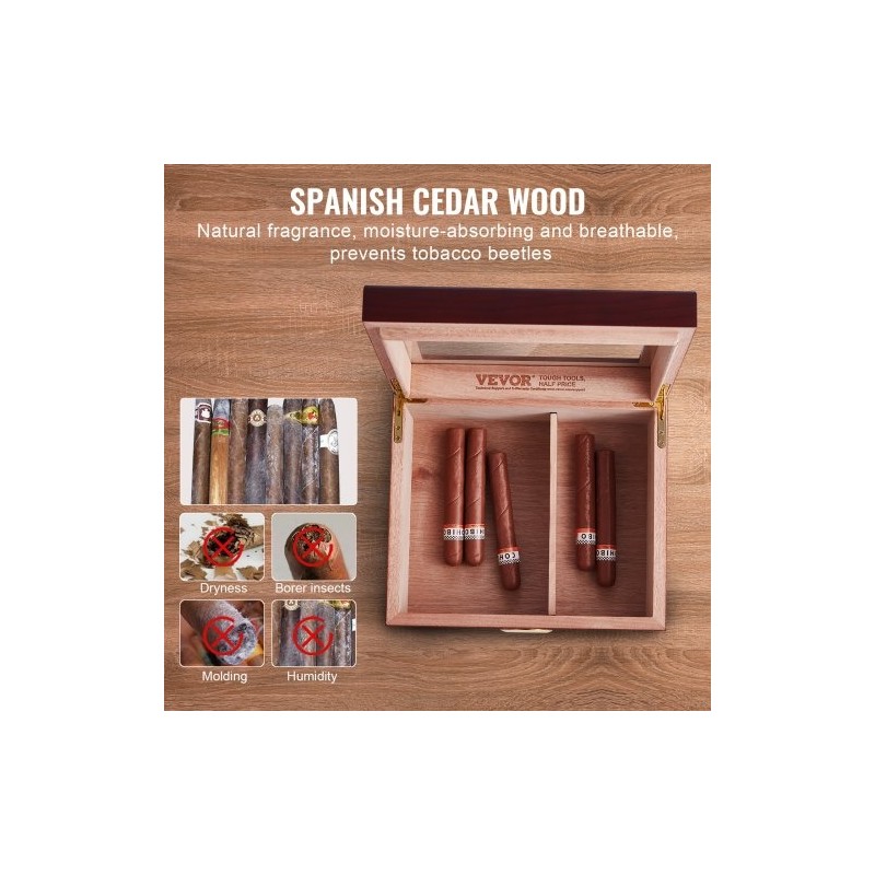 Sikarikostutin pöytämallinen espanjanseetripuusta lasikannella hygrometrillä ja jakajalla 30–50 sikaria