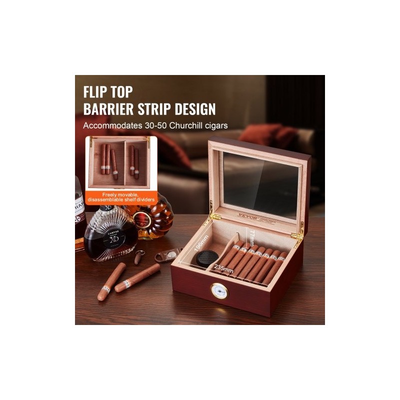 Sikarikostutin pöytämallinen espanjanseetripuusta lasikannella hygrometrillä ja jakajalla 30–50 sikaria