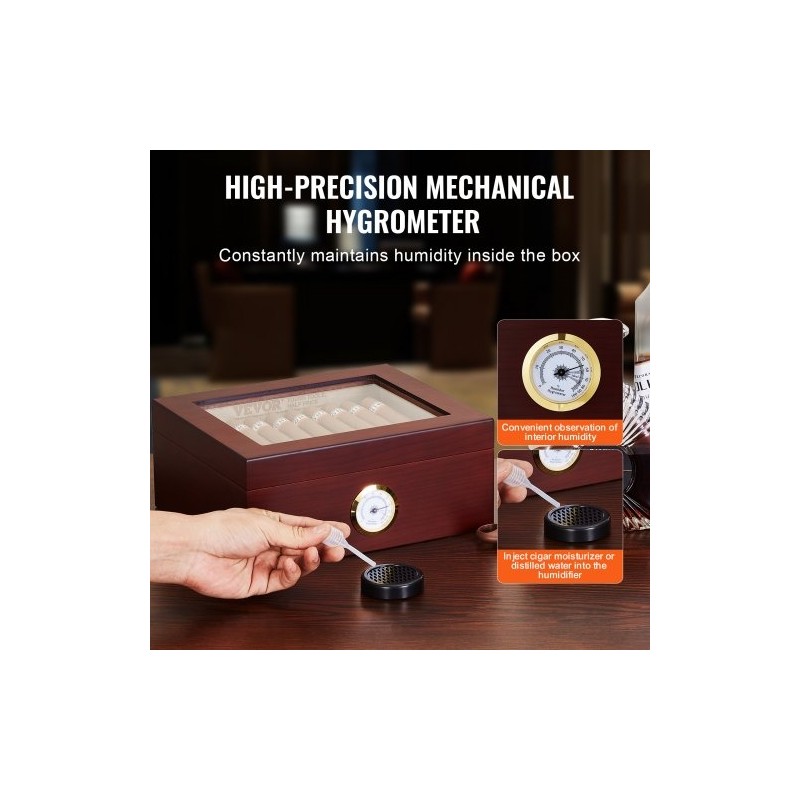 Sikarikostutin pöytämallinen espanjanseetripuusta lasikannella hygrometrillä ja jakajalla 30–50 sikaria