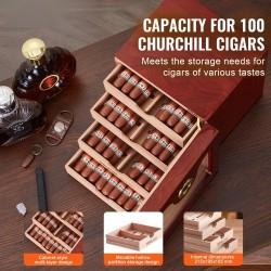 Pöytämallinen sikarilaatikko espanjanseetristä lasikannella 50–100 sikaria digitaalinen kostutin kosteusmittarilla