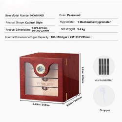 Pöytämallinen sikarilaatikko espanjanseetristä lasikannella 50–100 sikaria digitaalinen kostutin kosteusmittarilla