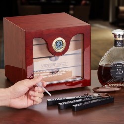 Pöytämallinen sikarilaatikko espanjanseetristä lasikannella 50–100 sikaria digitaalinen kostutin kosteusmittarilla