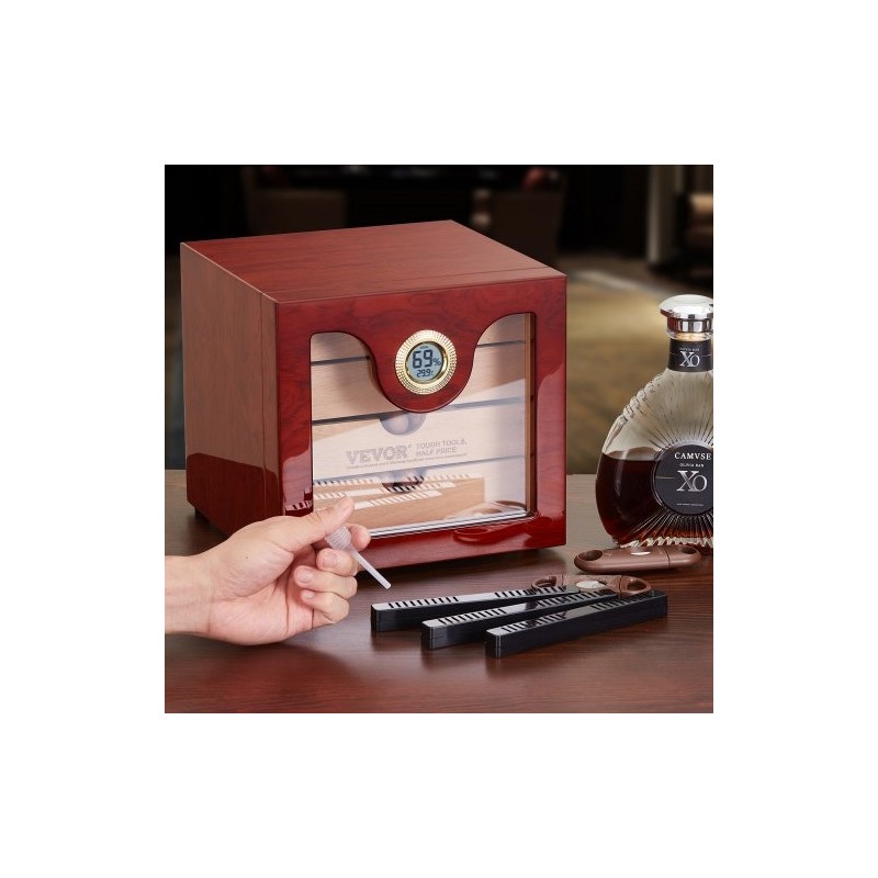 Pöytämallinen sikarilaatikko espanjanseetristä lasikannella 50–100 sikaria digitaalinen kostutin kosteusmittarilla