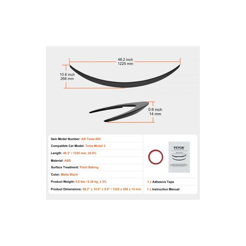 Takaspoileri ABS 1225 mm yhteensopiva Tesla Model 3 mattamusta leivottu maalipinta