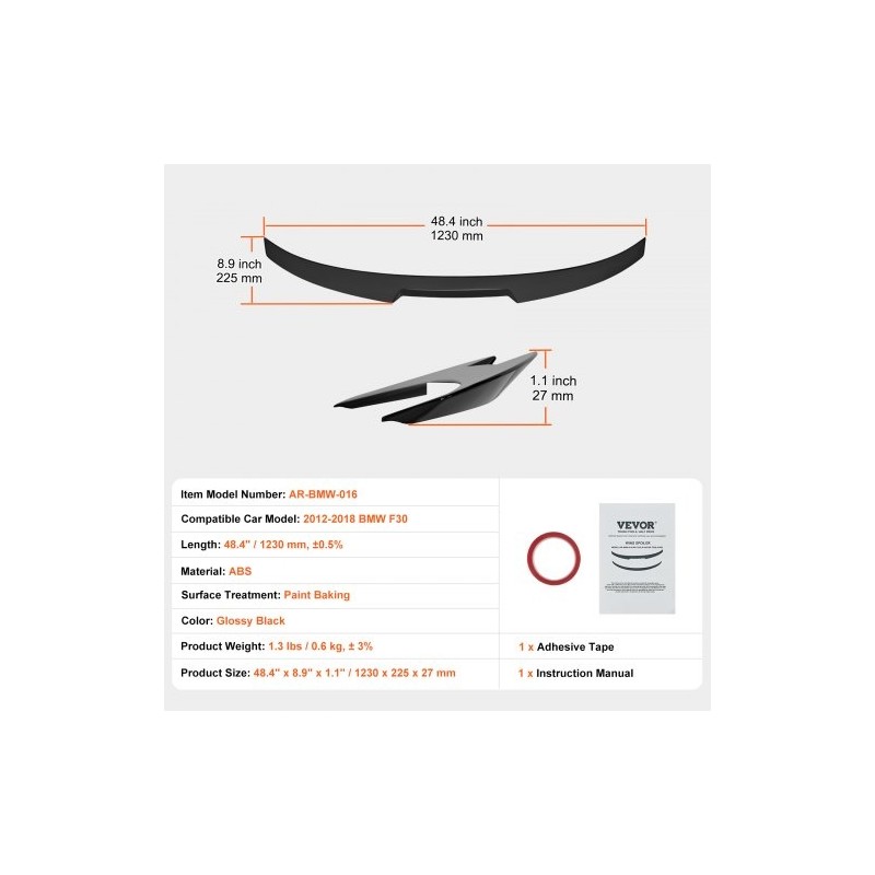 Takaspoileri ABS-muovi 1230 mm kiiltävä musta BMW F30 2012–2018