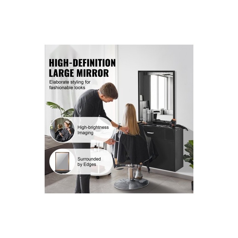 Seinään asennettava mattamusta kampaamokaappi peilillä yhdellä laatikolla kaksiosaisella kaapilla lämpöä kestävillä holkeilla