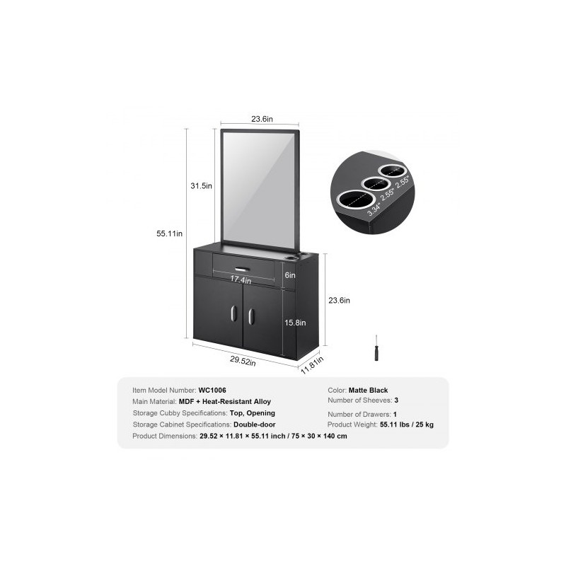 Seinään asennettava mattamusta kampaamokaappi peilillä yhdellä laatikolla kaksiosaisella kaapilla lämpöä kestävillä holkeilla